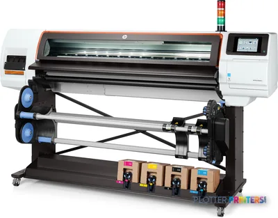 HP Stitch S500 64-in Printer front-left view showing white and orange dye-sublimation printer with control panel and ink car…