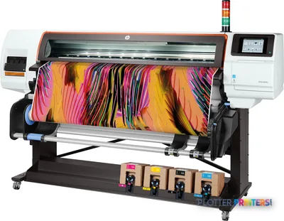 HP Stitch S500 64-in Printer front-left view with colorful dye-sublimation print output