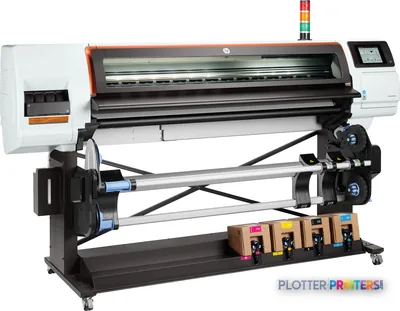 HP Stitch S500 64-in Printer front-right view showing the wide-format dye-sublimation printer with orange trim, control pane…