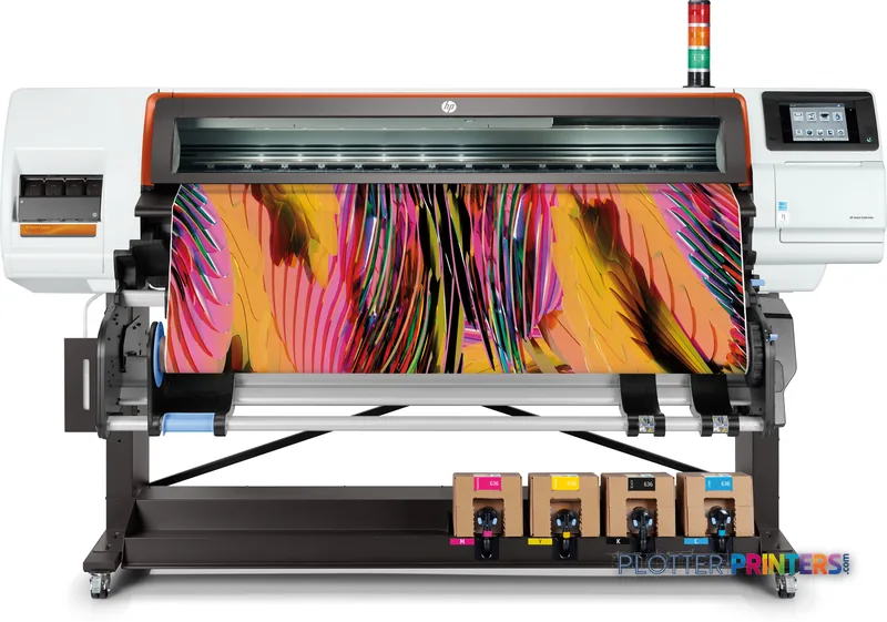 HP Stitch S500 64-in Printer product detail view showing front of large-format dye-sublimation printer with colorful abstrac…