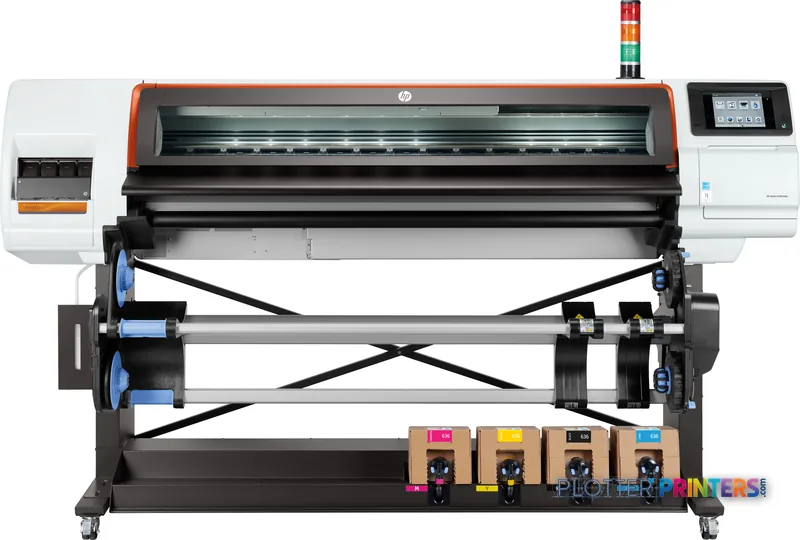 HP Stitch S500 64-in Printer front view showing wide-format dye-sublimation printer with orange trim, control panel, and ink…