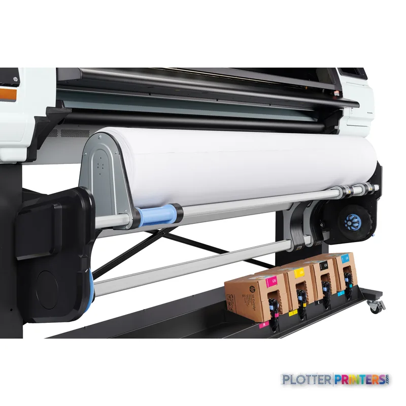 HP Stitch S500 64-in Printer product detail view showing the feed roller, media roll, and ink cartridge system