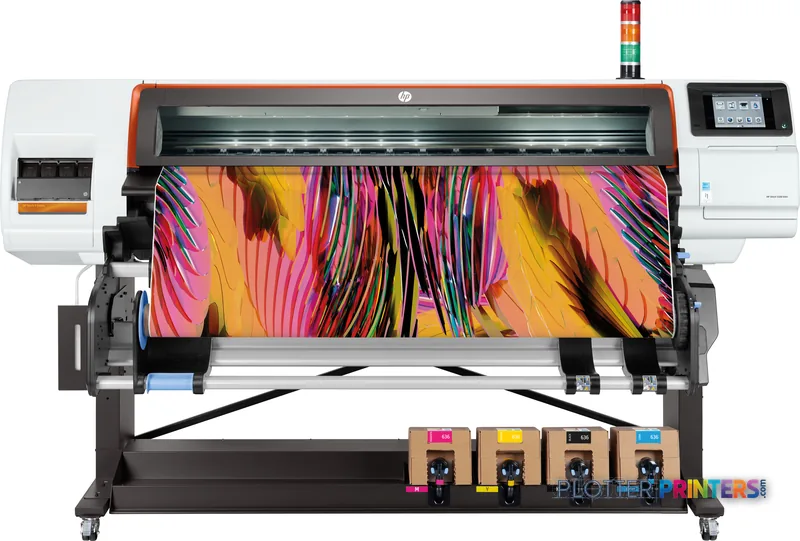 HP Stitch S500 64-in Printer product detail view showing the large-format printer with vibrant color output displayed on med…