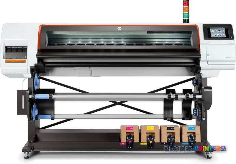 HP Stitch S500 64-in Printer front-center view showing wide-format dye-sublimation printer with orange trim, control panel,…