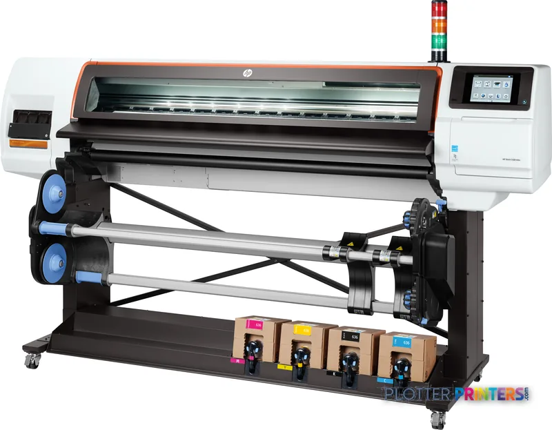 HP Stitch S500 64-in Printer front-left view showing dye-sublimation print head, media roll system, and ink cartridges