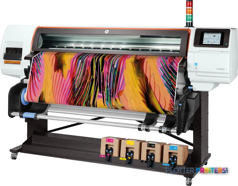 HP Stitch S500 64-in Printer front-left view with colorful dye-sublimation print output