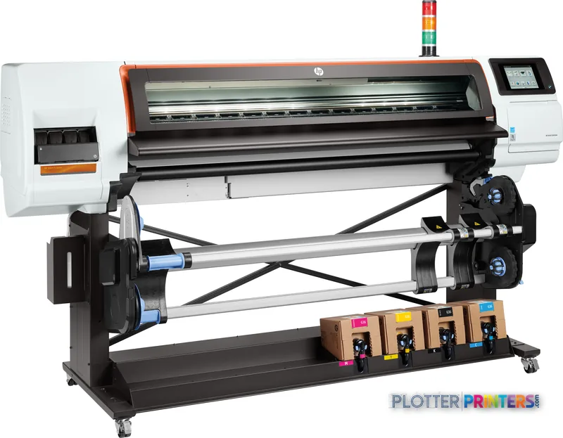 HP Stitch S500 64-in Printer front-right view showing the wide-format dye-sublimation printer with orange trim, control pane…