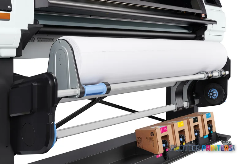 HP Stitch S500 64-in Printer detail view showing media roll, ink cartridges, and internal components