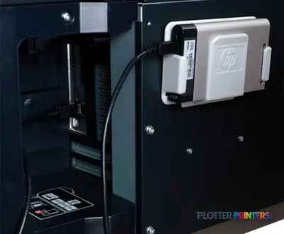 HP Designjet Z6200 60-in Photo Printer side view showing external ink cartridge system and cable connections
