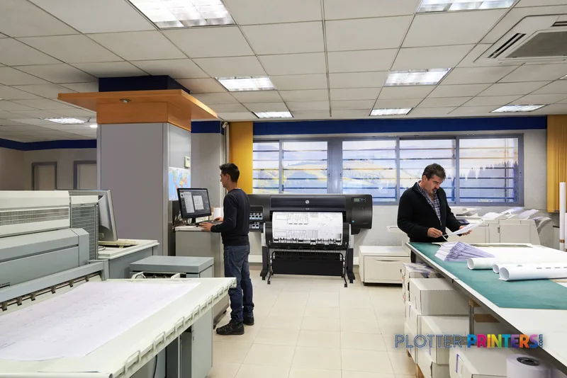 HP Designjet Z6200 60-in Photo Printer lifestyle image showing the large-format printer in a professional office environment…