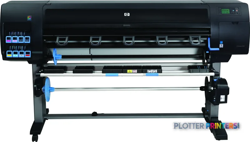 HP Designjet Z6200 60-in Photo Printer product image showing front view with open ink cartridge bay and media roll loaded