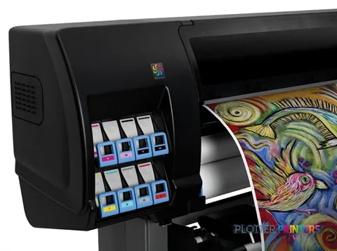 HP Designjet Z6200 60-in Photo Printer product image showing front view with ink cartridges and colorful photo output