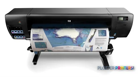 HP Designjet Z6200 60-in Photo Printer product image showing front view with blue landscape photo printing