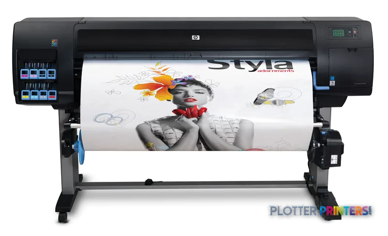HP Designjet Z6200 60-in Photo Printer product image showing the printer with colorful photo output on roll media