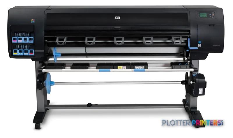 HP Designjet Z6200 60-in Photo Printer product image showing front view of large format printer with black housing and blue…