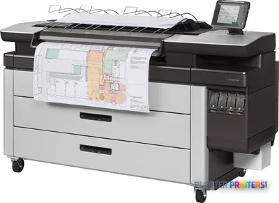 HP PageWide XL 3900 40-in Multifunction Printer product image showing front view with architectural plans printing