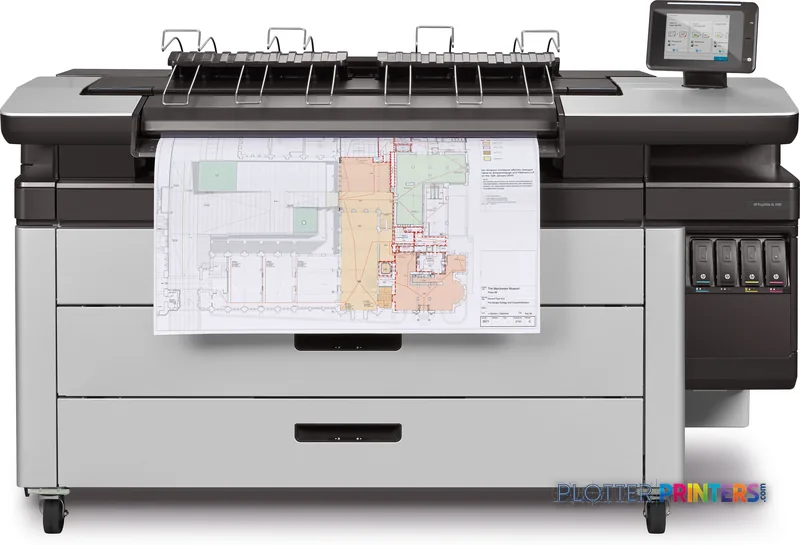 HP PageWide XL 3900 40-in Multifunction Printer with Top Stacker front view printing architectural floor plan