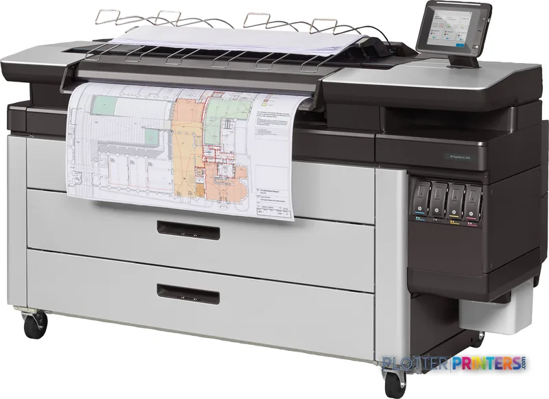 HP PageWide XL 3900 40-in Multifunction Printer product image showing front view with architectural plans printing