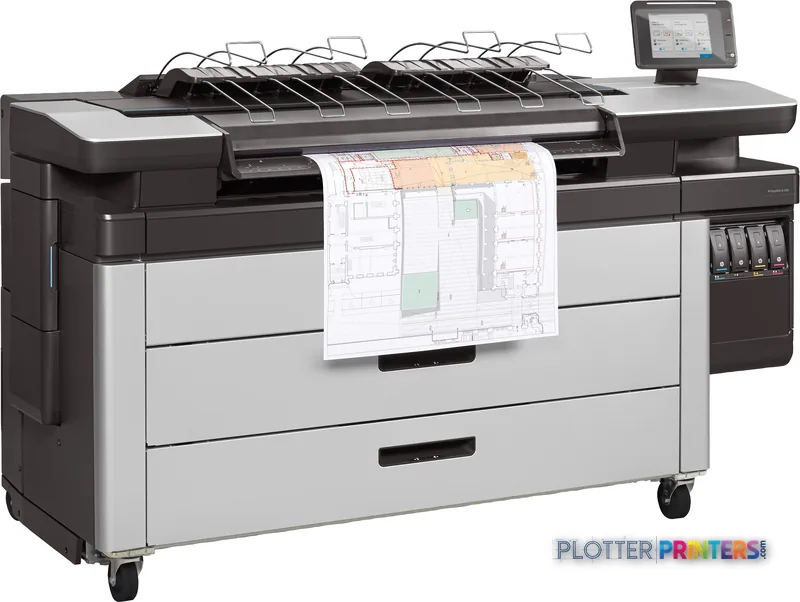 HP PageWide XL 3900 40-in Multifunction Printer with Top Stacker product image showing the full printer with architectural d…