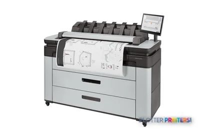 HP DesignJet XL 3600 36-in Multifunction Printer front-left view with grey and black body, showing paper output and touchscr…