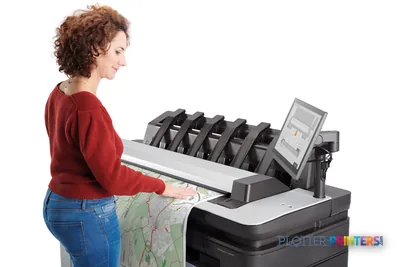 Woman viewing large-format map output from HP DesignJet XL 3600 36-in multifunction printer in lifestyle setting