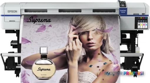 Epson SureColor SC-S30610 large-format printer printing a colorful portrait image with purple tones