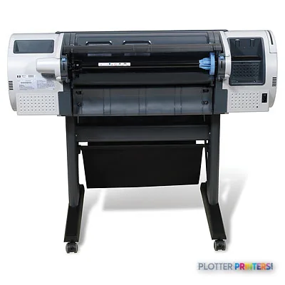 HP Designjet T770 24-in Printer with Hard Disk front view showing white and black printer body on stand