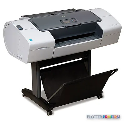 HP Designjet T770 24-in Printer with Hard Disk on stand, front product view showing white and black printer body with open m…