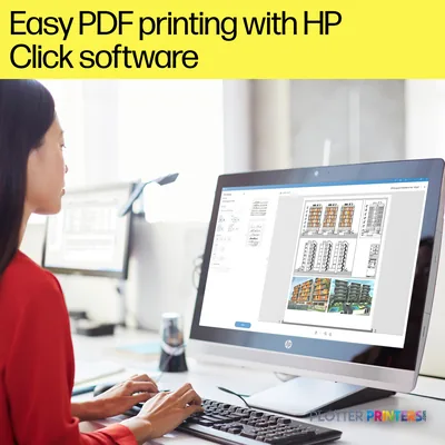 HP DesignJet T1600 36-in Printer feature callout showing HP Click software interface on computer monitor
