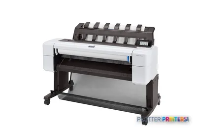 HP DesignJet T1600 36-in Printer front-left view showing white and black large-format printer with ink cartridge holder