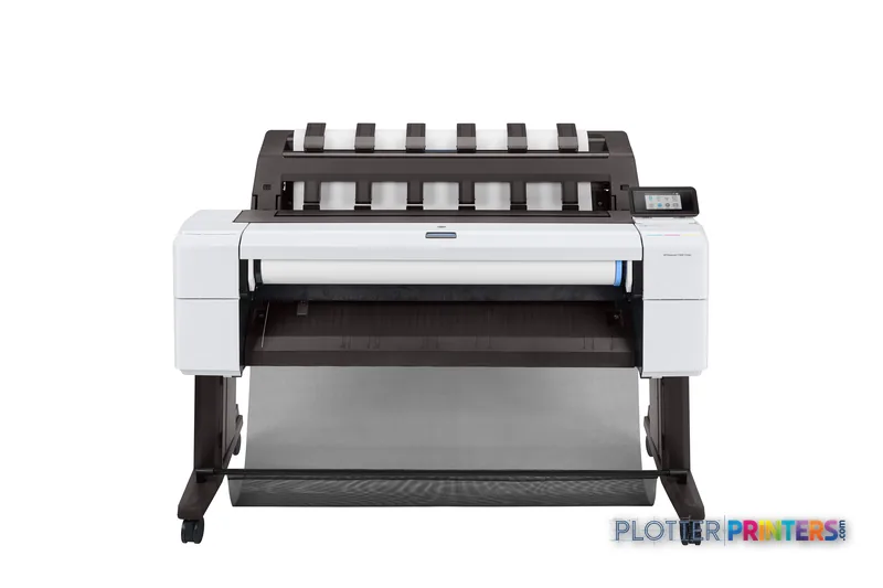 HP DesignJet T1600 36-in Printer front-center view showing white and black large-format printer with roll feed