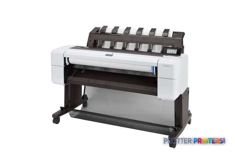 HP DesignJet T1600 36-in Printer front-left view showing white and black large-format printer with ink cartridge holder