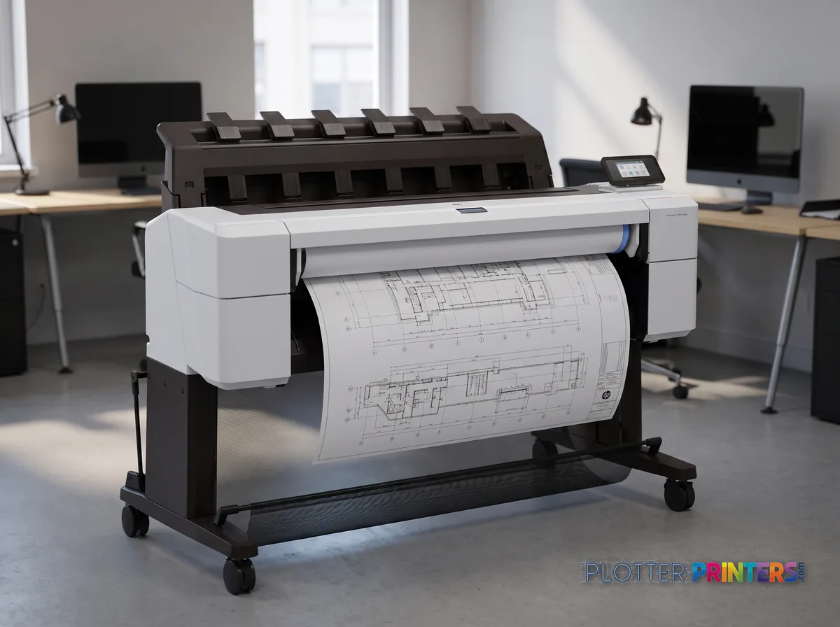 HP DesignJet T1600 36-in Printer in an engineering office with a technical drawing at its print slot (staged scene from manufacturer product photography)
