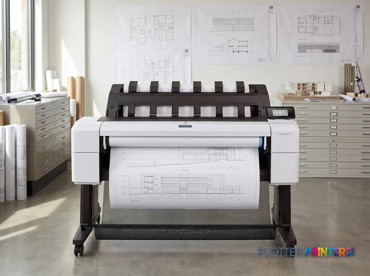 HP DesignJet T1600 36-in Printer in a plan room beside flat-file drawers, printing a CAD elevation (staged scene from manufacturer product photography)