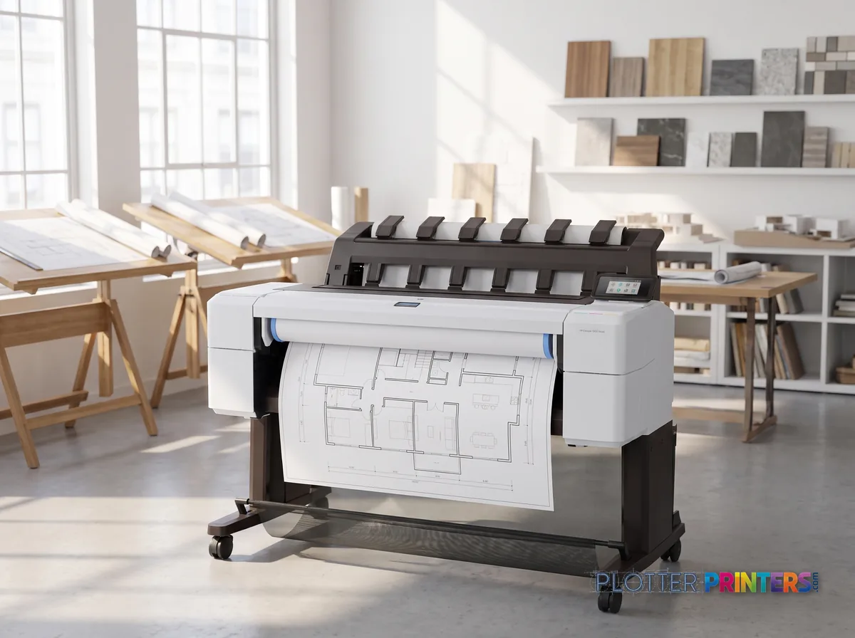 HP DesignJet T1600 36-in Printer in a bright architecture studio, printing a large floor plan (staged scene from manufacturer product photography)