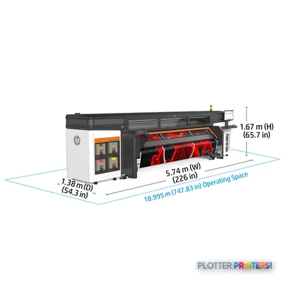 HP Stitch S1000 126-in Printer annotated view showing dimensions and operating space layout