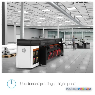 HP Stitch S1000 126-in Printer large format printer with feature callout showing the device in an industrial print facility