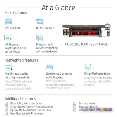 HP Stitch S1000 126-in Printer annotated product image showing black large-format thermal inkjet printer with feature callou…