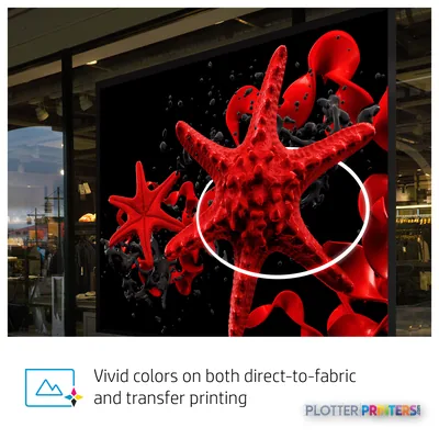 HP Stitch S1000 126-in Printer displaying vibrant red starfish and coral artwork on large-format display