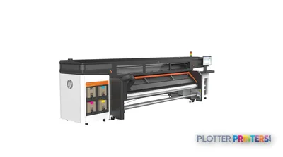 HP Stitch S1000 126-in Printer front-left view showing black and white thermal inkjet large-format printer with orange accen…