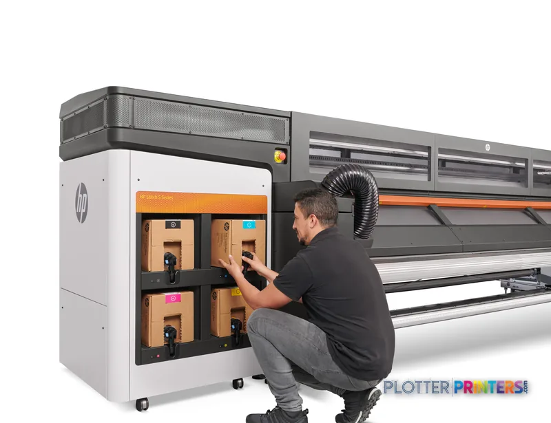 HP Stitch S1000 126-in Printer lifestyle image showing operator accessing ink cartridges on the black and white large-format…