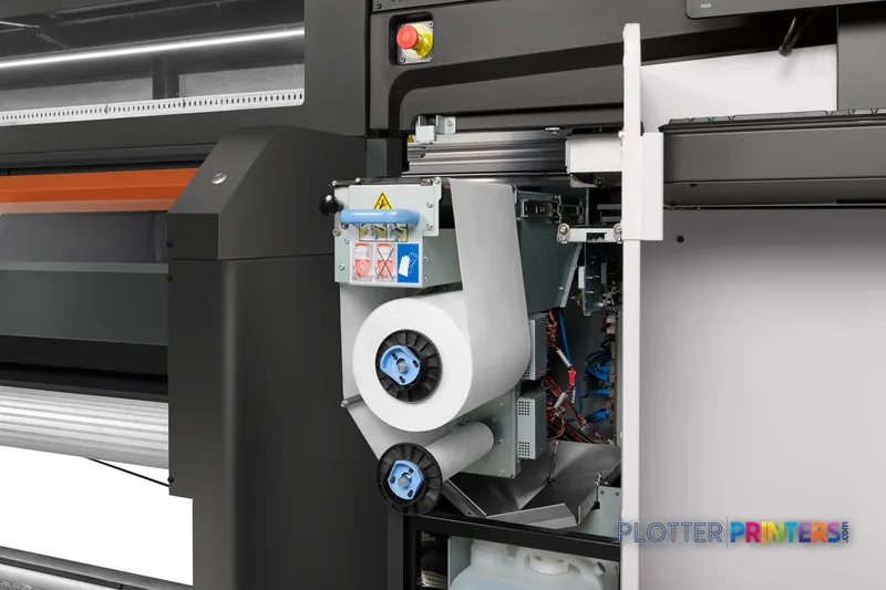 HP Stitch S1000 126-in Printer internal mechanism showing ink cartridge assembly and media feed system