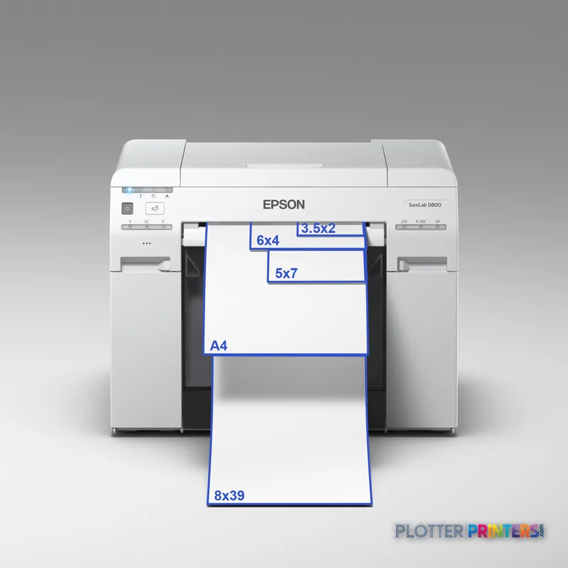 Epson SureLab SL-D800 product image showing white printer with output tray displaying supported print size formats