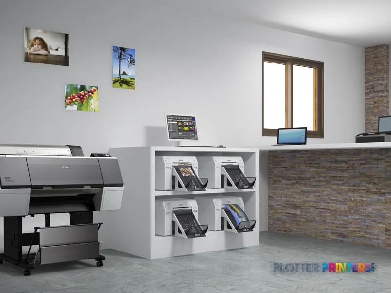 Epson SureLab SL-D800 large-format printer in black and white, shown in a professional print shop setting with finished phot…