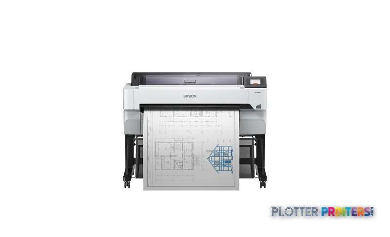 Epson SureColor SC-T5400M-MFP front view showing grey and white printer with architectural blueprint output