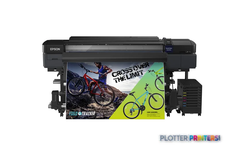 Epson SureColor SC-S60600L large-format printer product image showing black inkjet printer with colorful sports banner output