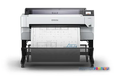 Epson SureColor T5470M large format printer product image showing white and gray inkjet printer on black stand with paper ou…