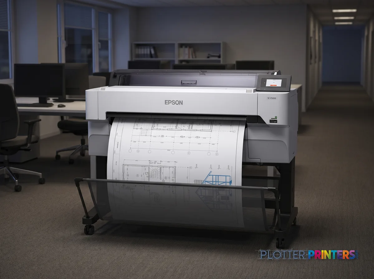 Epson SureColor T5470M large format printer Wi-Fi Inkjet Colour 2400 x 1200 DPI Ethernet LAN in an engineering office with a technical drawing at its print slot (staged scene from manufacturer product photography)