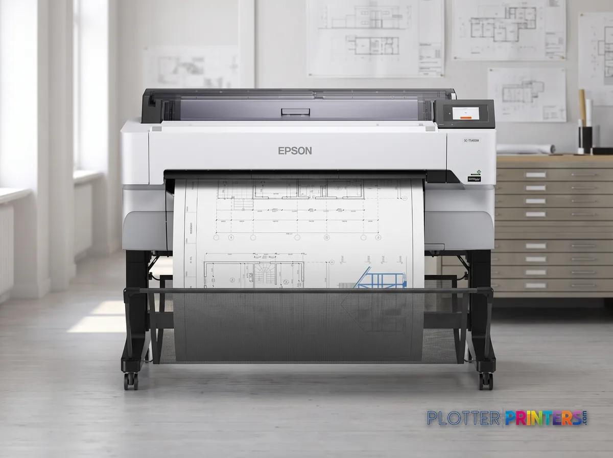 Epson SureColor T5470M large format printer Wi-Fi Inkjet Colour 2400 x 1200 DPI Ethernet LAN in a plan room beside flat-file drawers, printing a CAD elevation (staged scene from manufacturer product photography)