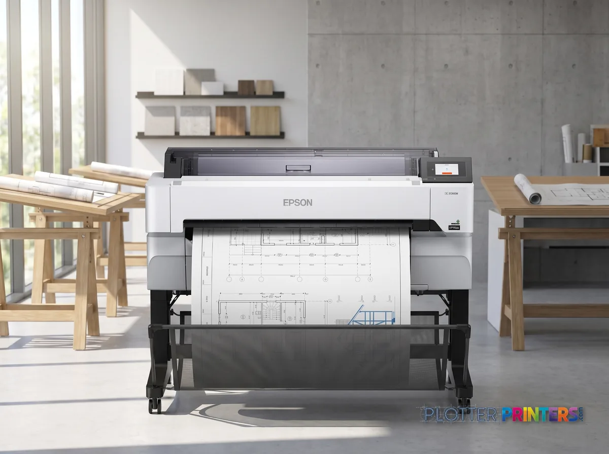 Epson SureColor T5470M large format printer Wi-Fi Inkjet Colour 2400 x 1200 DPI Ethernet LAN in a bright architecture studio, printing a large floor plan (staged scene from manufacturer product photography)